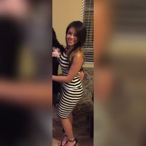 Black and white striped sleeveless dress